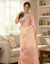 Whispering Pure Linen Kantha Work Peach Saree