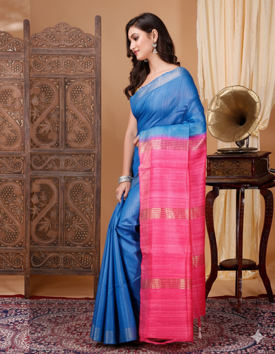Silkmark Ghicha Tussar Ornamental Blue & Pink Saree
