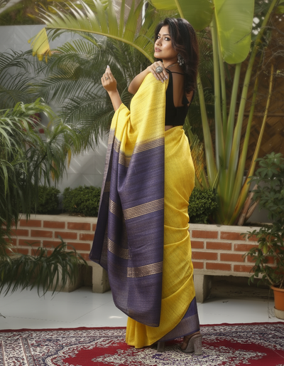 Silkmark Ghicha Tussar Inspiring Yellow & Blue Saree