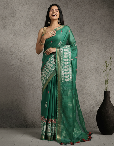 Ornamental Silk Linen Embroidered Green Saree