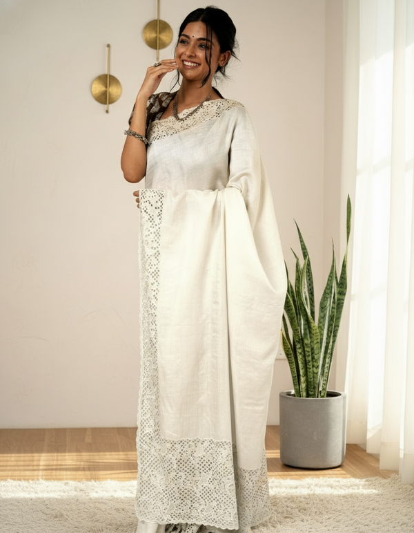 Silkmark Certified Melodic Pure Tussar Cutwork Beige Saree