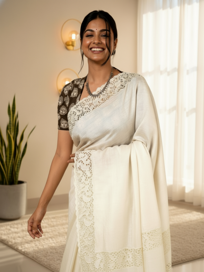 Silkmark Certified Melodic Pure Tussar Cutwork Beige Saree