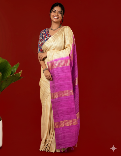 Silkmark Ghicha Tussar Classy Beige & Purple Saree