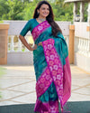 Indiehaat | Soft Silk Contrast Zari Woven Green & Pink Saree