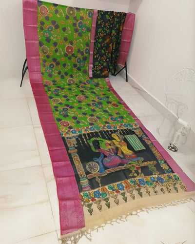 Indiehaat | Mangalagiri Handpainted Silk Saree Multicolor