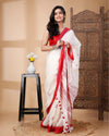 Indiehaat| Pure Linen White Saree Floral Buti Striped Pallu