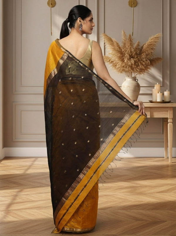 Melodic Pure Maheshwari Silk Handloom Saree Yellow & Brown