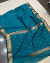 Indiehaat|Maheshwari Silk Dark Blue Saree Meena Buti Rewa Border Running Blouse