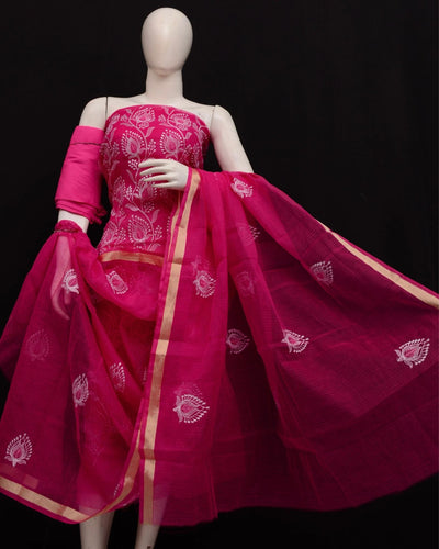 Indiehaat|Kota Doria Embroidered Pink Suits(Top+Bottom+Dupatta)
