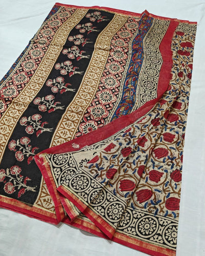 Indiehaat | Chanderi Silk Kalamkari Beige Saree