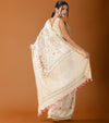 Luminous Silk Linen Embroidered Off White Saree