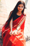 Kota Doria Pure Silk Red Saree Hand Dyed with Blouse-Indiehaat