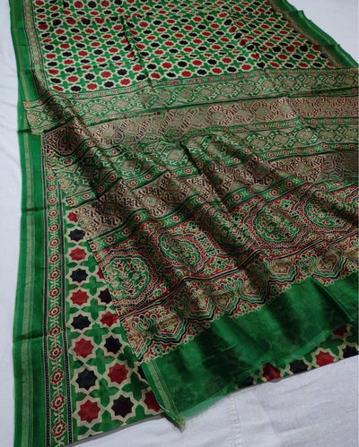 Indiehaat | Chanderi Silk Ajrakh Print Saree Green