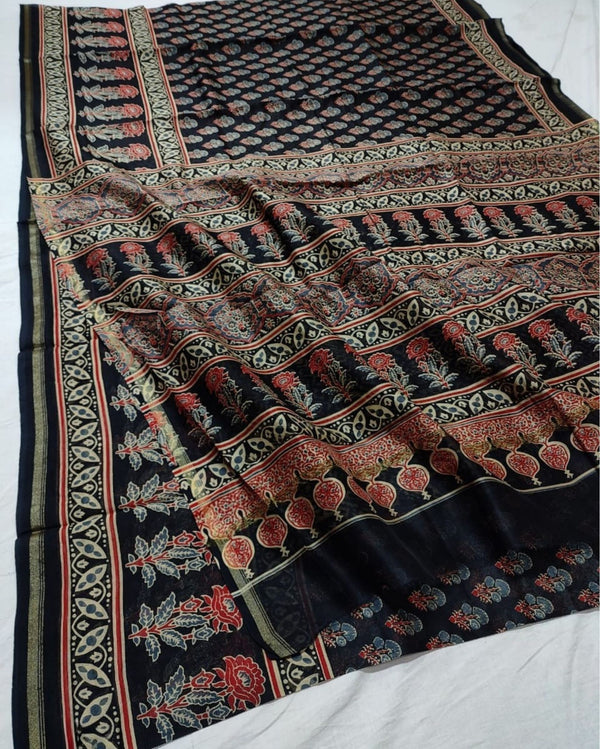 Indiehaat | Chanderi Silk Ajrakh Print Saree Black
