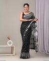 Indiehaat | Linen Saree Black Color Kalamakari Handblock Printed With Running Blouse