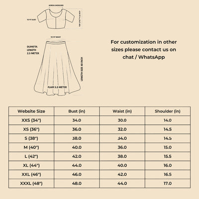 Size chart for Indiehaat products - Lehanga Sets