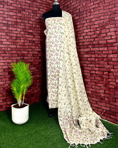Indiehaat | Khadi Silk Beige Suit Printed Top+Bottom+Dupatta