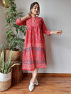 Indiehaat | Cotton Long One Piece Dress Red Color Bagru Hand Printed Size 36 to 46