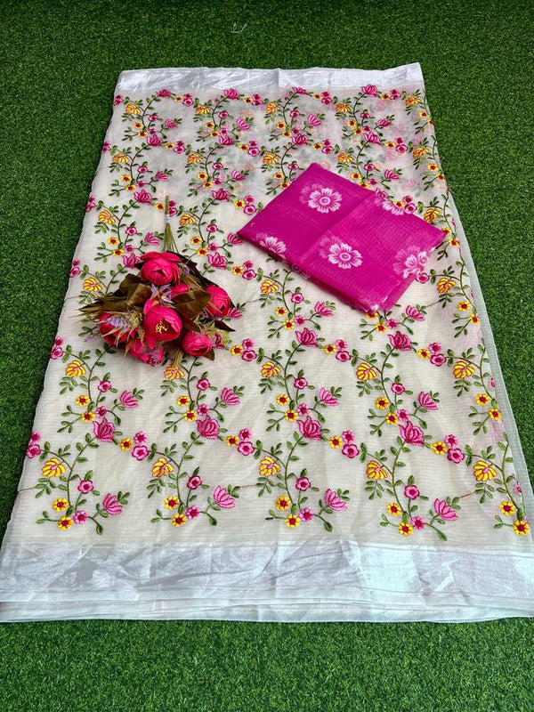 Kota Doria Full Floral Jaal Embroidery Saree
