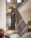 Indiehaat | Blockprinted Mul Cotton Green Saree