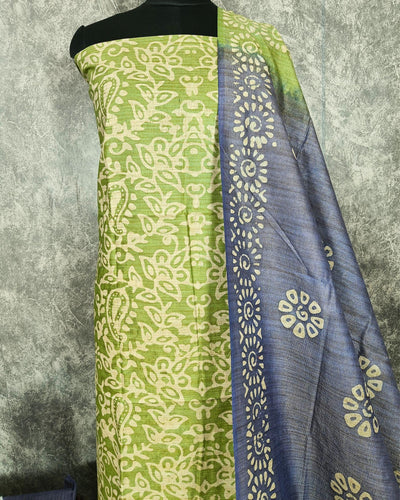 Indiehaat | Khadi Silk Olive Green Suit Batik Print Bandhini Dupatta Ajrakh Dabu