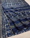 Indiehaat | Indigo Blockprint Pure Chanderi Silk Saree | Elegance in Blue