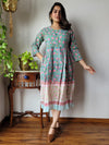 Indiehaat | Cotton Long One Piece Dress Multi Color Bagru Hand Printed Size 36 to 46