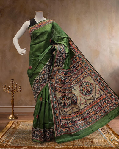 Indiehaat | Madhubani Handpainted Tussar Silk Green Saree
