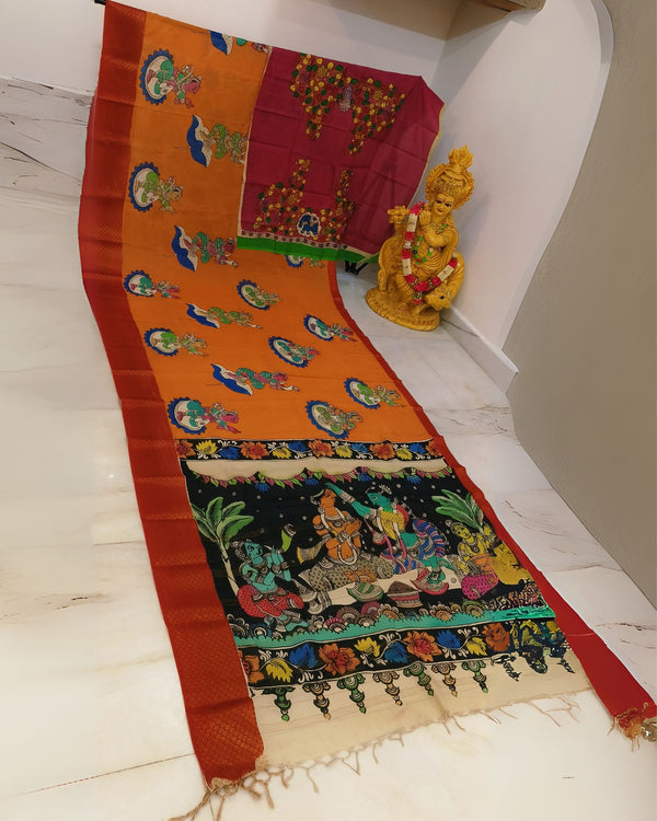 Indiehaat | Mangalagiri Handpainted Silk Saree Multicolor