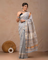 Indiehaat | Maheshwari Silk Saree Pastel Blue Color Bagru Handblock Printed with Running Blouse (Silk by Silk)