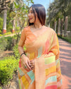 Indiehaat | Organza Multicolor Zari Woven Peach Saree