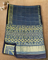 Indiehaat | Ajrakh Blockprint Modal Silk Lagdi Patta Indigo Saree