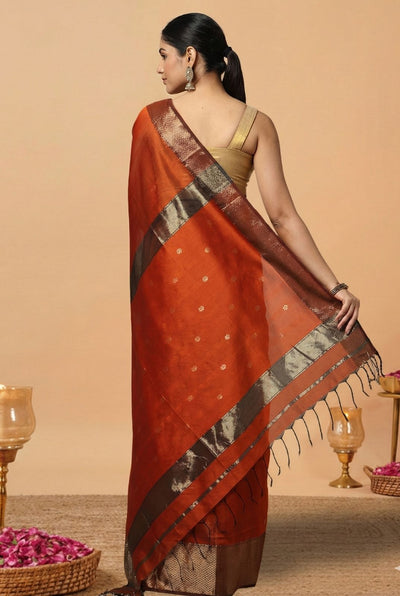 Glowing Maheshwari Pure Silk Butta Body Orange Saree
