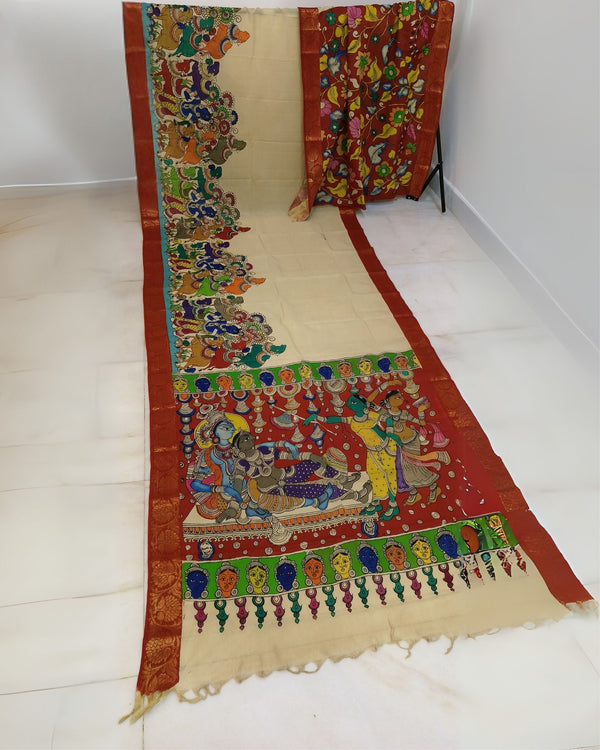Indiehaat | Mangalagiri Handpainted Silk Saree Multicolor