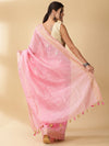 Silk Linen Banarasi Brocade Weaving Handloom Pink Saree With Blouse-Indiehaat