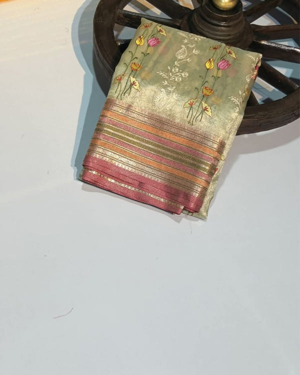 Indiehaat | Banarasi Tissue Silk Beige Embroidered Saree