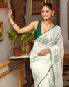 Indiehaat | Mul Cotton Printed Saree White & Green