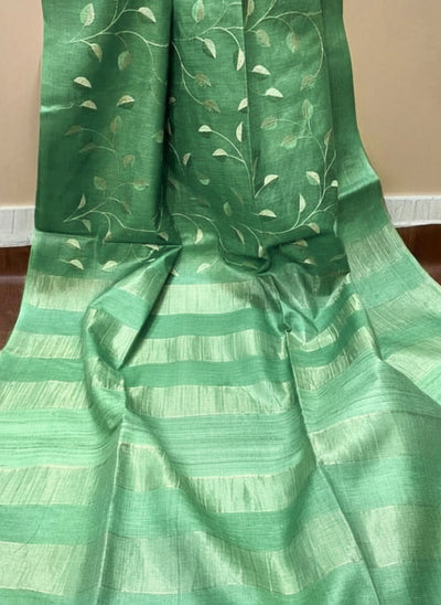 Alluring Eri Tussar Silk Embroidered Green Saree