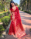 Indiehaat | Organza Floral Dual Zari Woven Red Saree