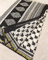 Indiehaat | Blockprint Chanderi Silk Saree in Black & White | Elegant Monochrome Saree