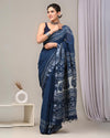 Indiehaat | Linen Saree Indigo Color Kalamakari Handblock Printed With Running Blouse