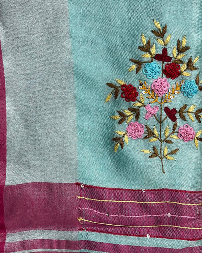 Oceanic Pure Linen Floral Embroidered Blue Saree