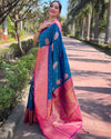 Indiehaat | Soft Silk Contrast Zari Woven Blue Saree