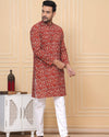 Indiehaat | Royal Reflection BlockPrinted Cotton Kurta Pyjama Fiery Red