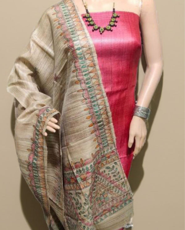 Silkmark Tussar Beige Madhubani Intricate Dupatta & Red Top