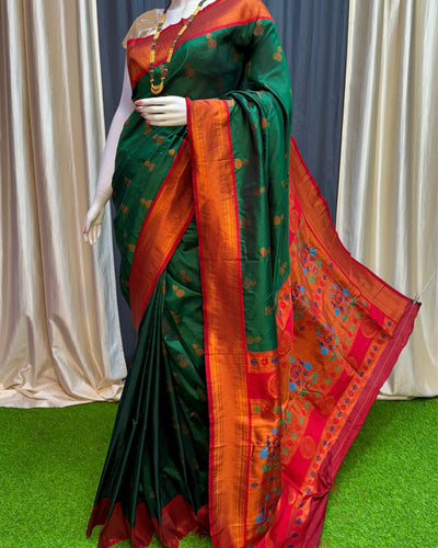 Indiehaat | Paithani Silk Meenakari Buti Embroidery Saree Green