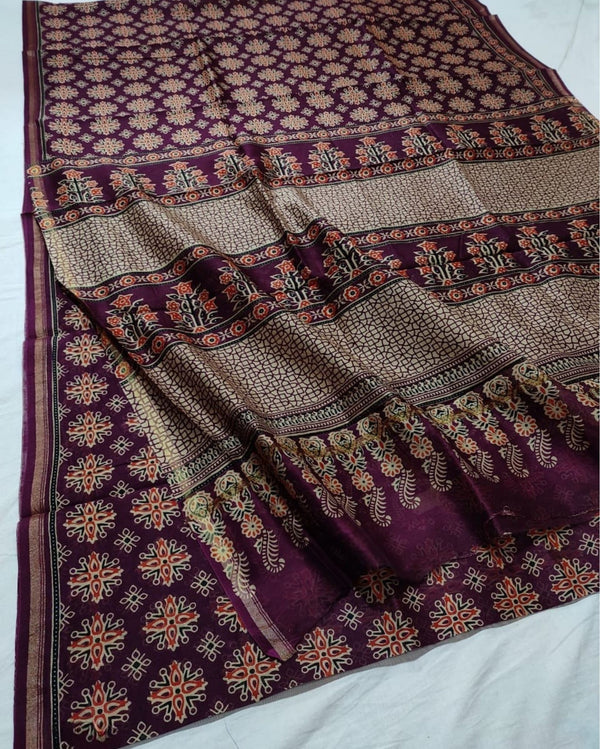 Indiehaat | Chanderi Silk Ajrakh Print Saree Red