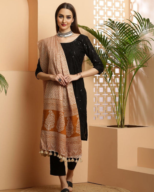 Indiehaat | Katan Silk Blockprint Dupatta Light Brown