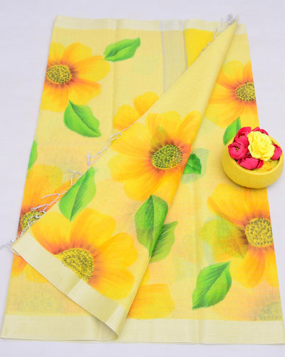 Indiehaat | Kota Linen Hand Painted Yellow Saree | Artistry