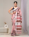 Indiehaat | Linen Saree Rose Pink Color Kalamakari Handblock Printed With Running Blouse